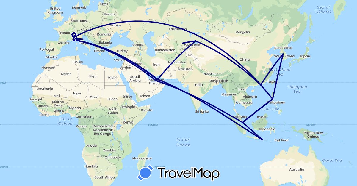 TravelMap itinerary: driving in United Arab Emirates, China, Indonesia, Italy, South Korea, Kazakhstan, Monaco, Philippines, Singapore (Asia, Europe)